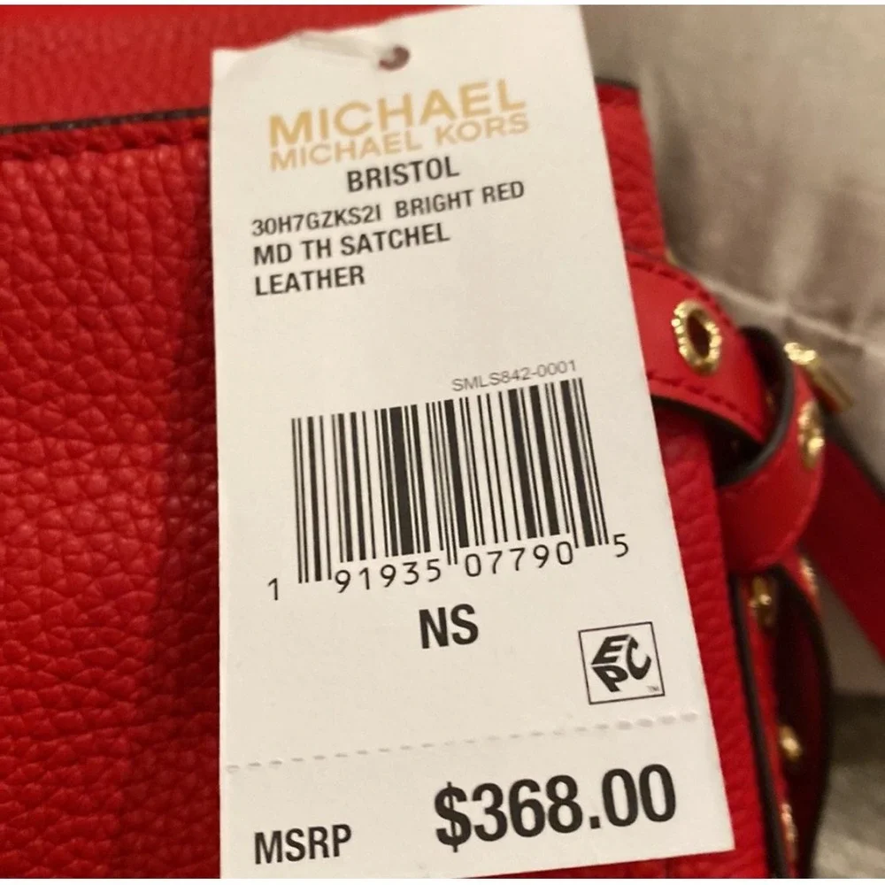 Michael Kors Bristol Bright Red Leather Satchel Studded Crossbody‎ Bag